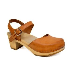 SANDGRENS Swedish Clogs Tan Leather -Mary Jane Style- Wooden Heel Sz 37 EU